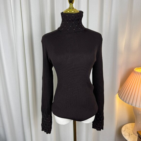 SPORTMAX by MaxMara 100% Wool Ribbed Turtleneck Lattice-Smocked Sweater sz XL - Picture 9 of 9